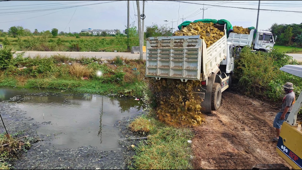 First Started Open New Project!Dump Truck Pouring Soil Delete Field,By Bulldozers D21P Pushing Soil 