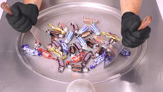 ASMR - Candy Bars Ice Cream Rolls | how to make Chocolate Bar Ice Cream - Snickers Twix Mars Bounty