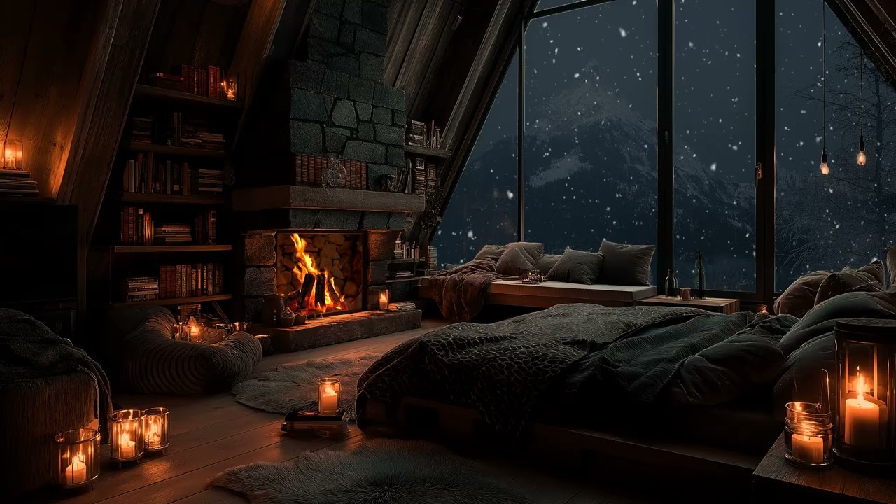 (No Ads) Cozy Fireplace with Cold Winter Wind | Deep Sleep, Relaxing Night Ambience
