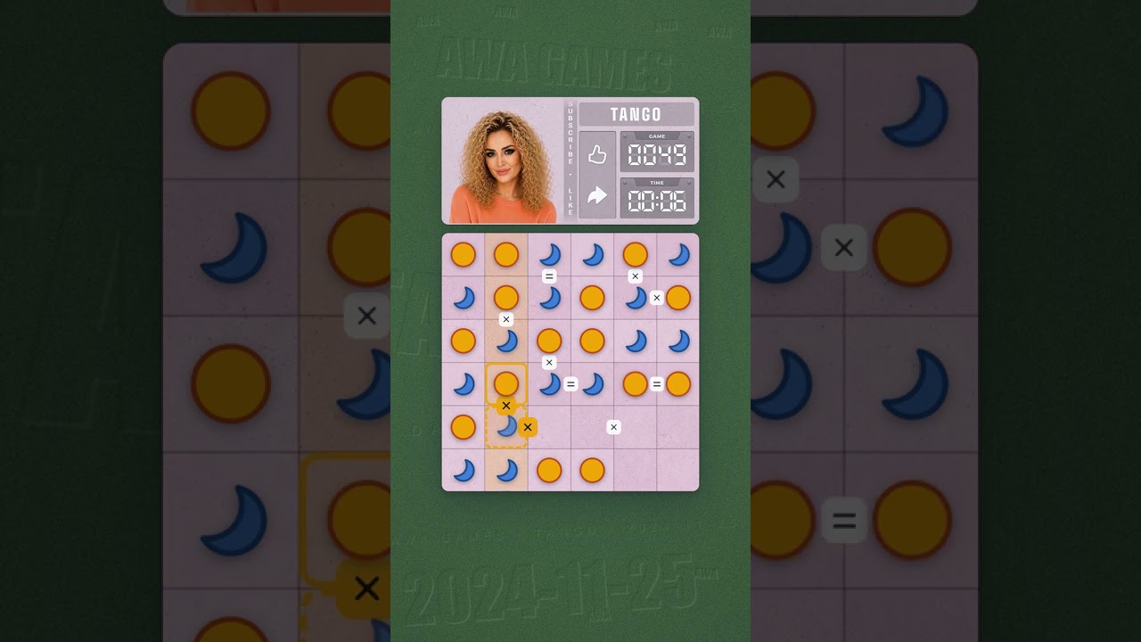 LinkedIn Tango #49 solved board for November 25, 2024, 6x6 grid