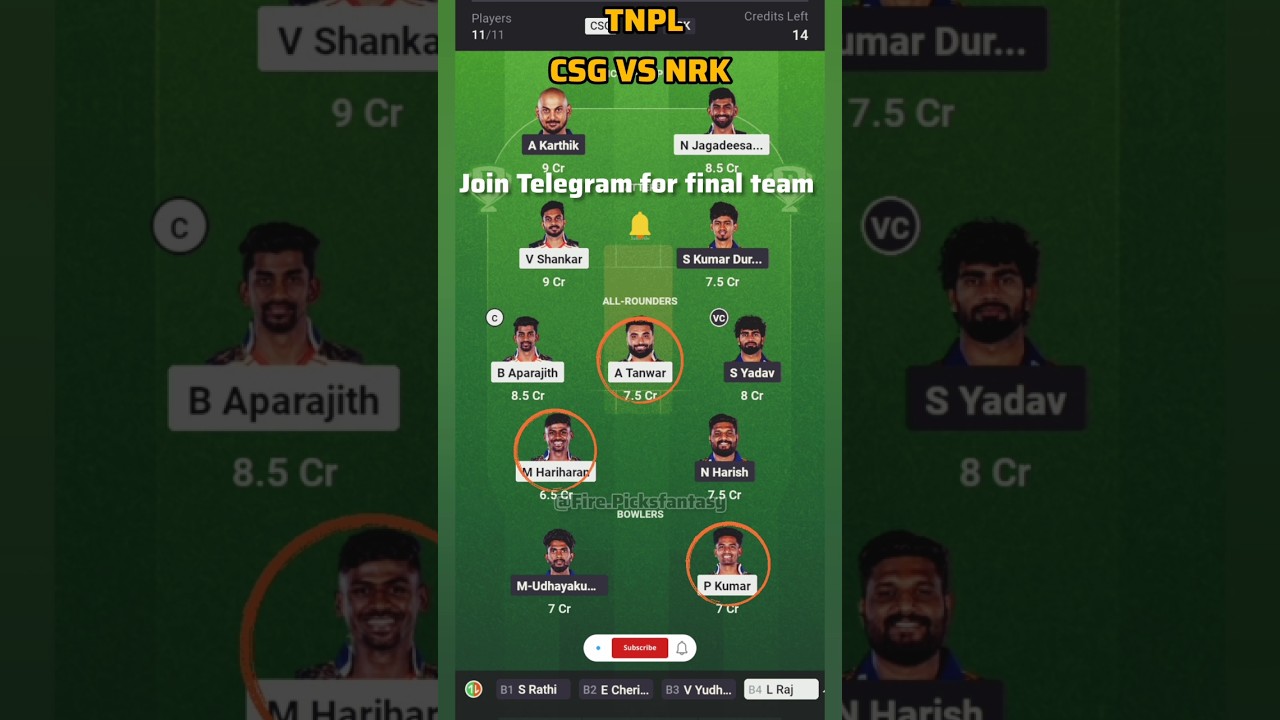 CSG VS NRK  TNPL DREAM 11 TEAM । DREAM TEAM PREDICTION 