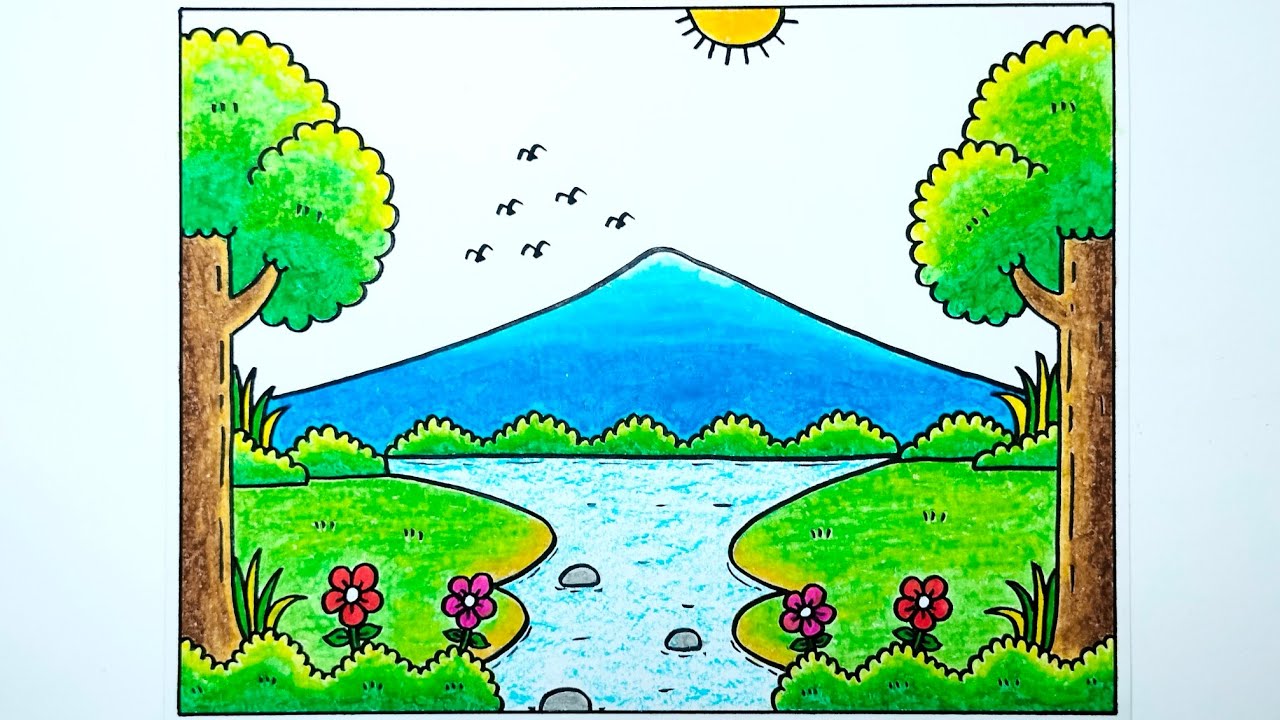Cara menggambar pemandangan gunung yang mudah dan bagus