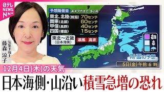 【4日の天気】今季一番の強い寒気  西～北日本の日本海側で雪  山沿い中心に積雪が急増する恐れ