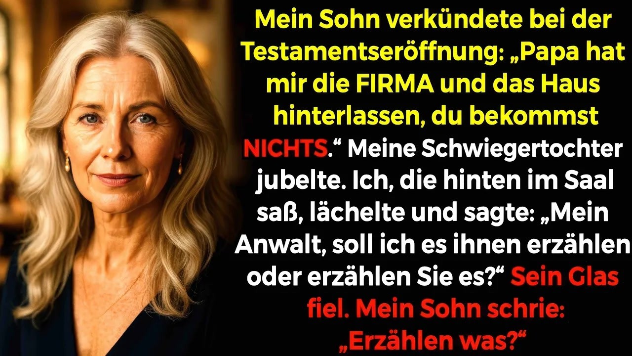 Im Moment, als mein Sohn bei der Testamentseröffnung triumphierend verkündete: „Papa hat mir alles hinterlassen. Du bekommst nichts“, und meine Schwiegertochter in ihrem teuren Kleid Beifall...