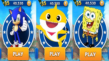 Sonic Dash vs SpongeBob Run vs Baby Shark Run - All Characters Unlocked and Fully Upgraded