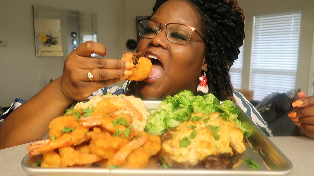 SURF AND TURF DEEP FRIED SHRIMP RIBEYE STEAK TOPPED WITH CRAB DIP 먹방