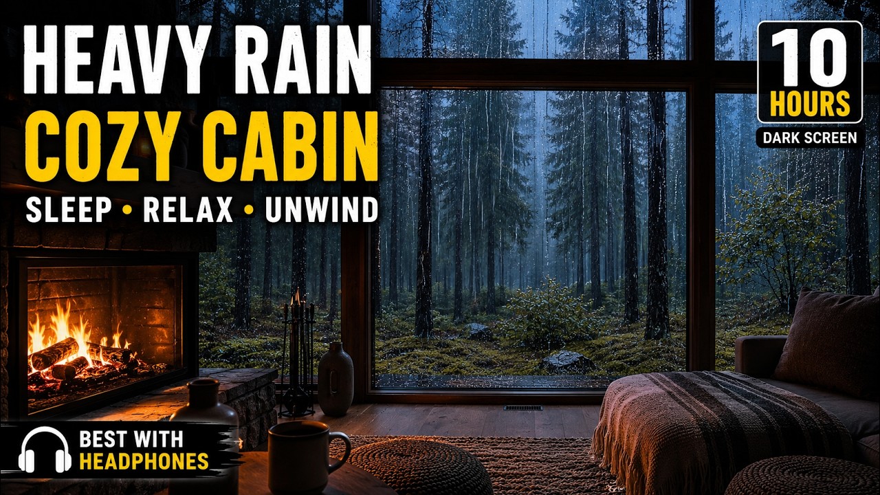 Heavy Rain Sounds in Cozy Forest Cabin 🌧️ Fireplace Ambience for Deep ...
