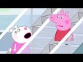 Peppa Pig goes up and down on an escalator