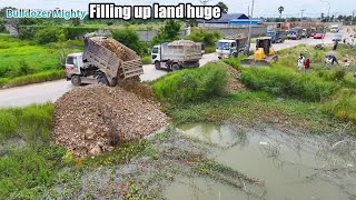 Nice Showing Action! Filling Up The Land huge, Bulldozer KOMATSU DR51PX, Dump Truck Unloading