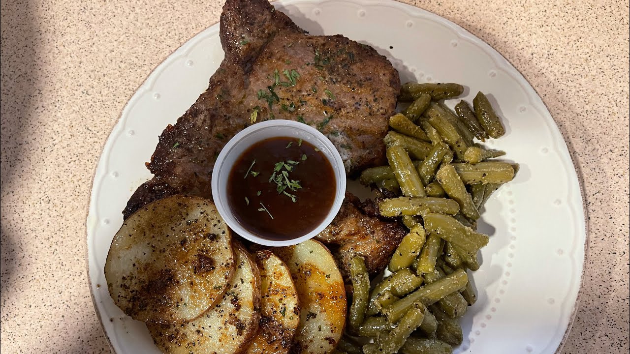 Air Fryer Steak and Sliced Red Potatoes with Pan Seared Green Beans