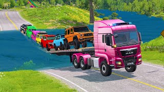 Double Flatbed Trailer Truck vs Speedbumps Train vs Cars Beamng.Drive#005