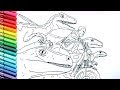 Drawing and Coloring Jurrasic World Raptor and Motorbike | Dinosaurs Color Pages for Childrens