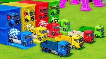 Garage with Colors - ALL MIXER TRUCK WITH DOUBLE FLATBED TRAILER TRUCK, MAN, RENAULT - FS22