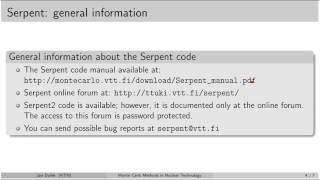 MC simulations:  5.1 Serpent general info