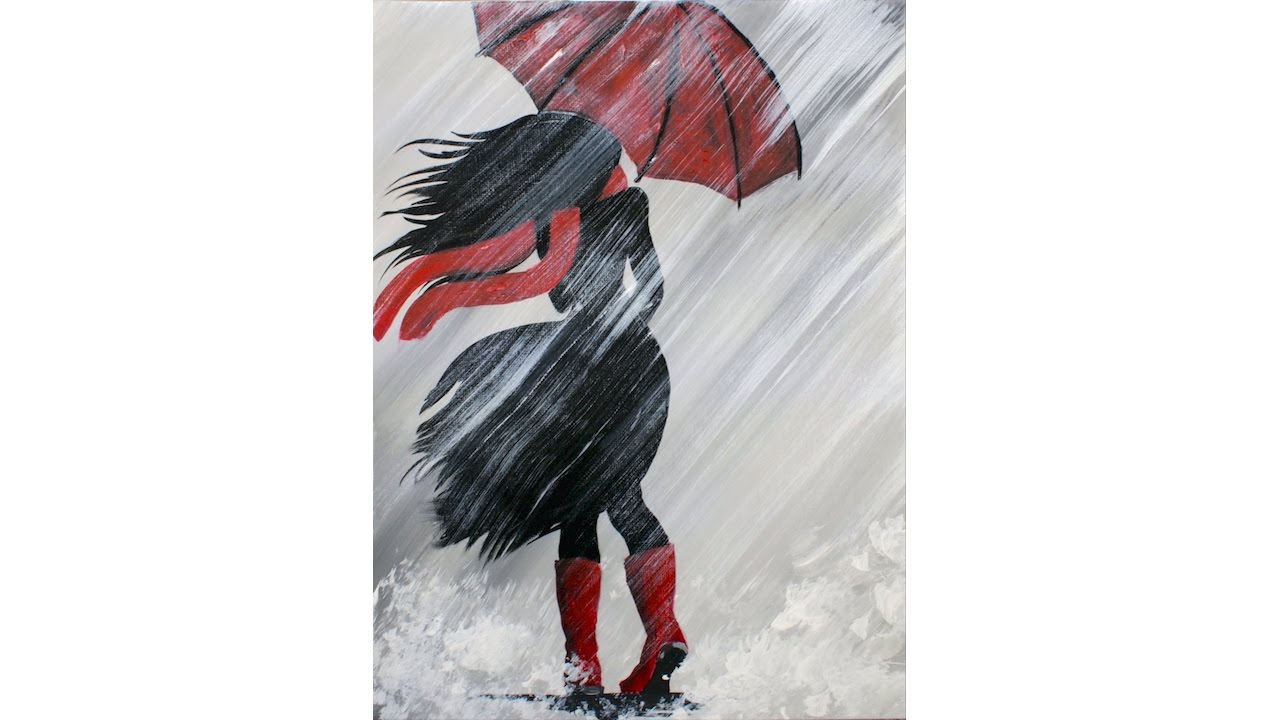 A Girl Walking In The Rain Acrylic Painting On Canvas For Beginners
