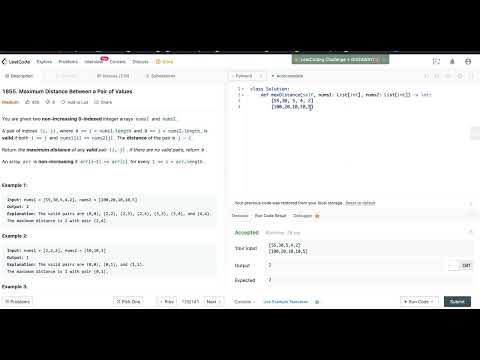 Leetcode 1855. Maximum Distance Between a Pair of Values