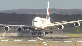 Unbelievable AIRBUS A380 CROSSWIND LANDING during STORM YLENIA at Düsseldorf - B787, A330 ... (4K)