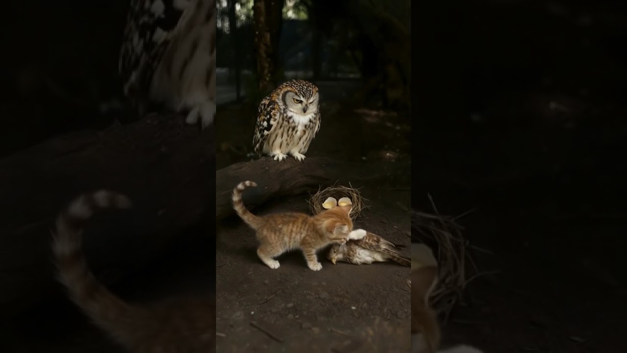 A Cat and an Owl Work Together to Save a Fallen Bird Near the Nest！🐱🦉💛