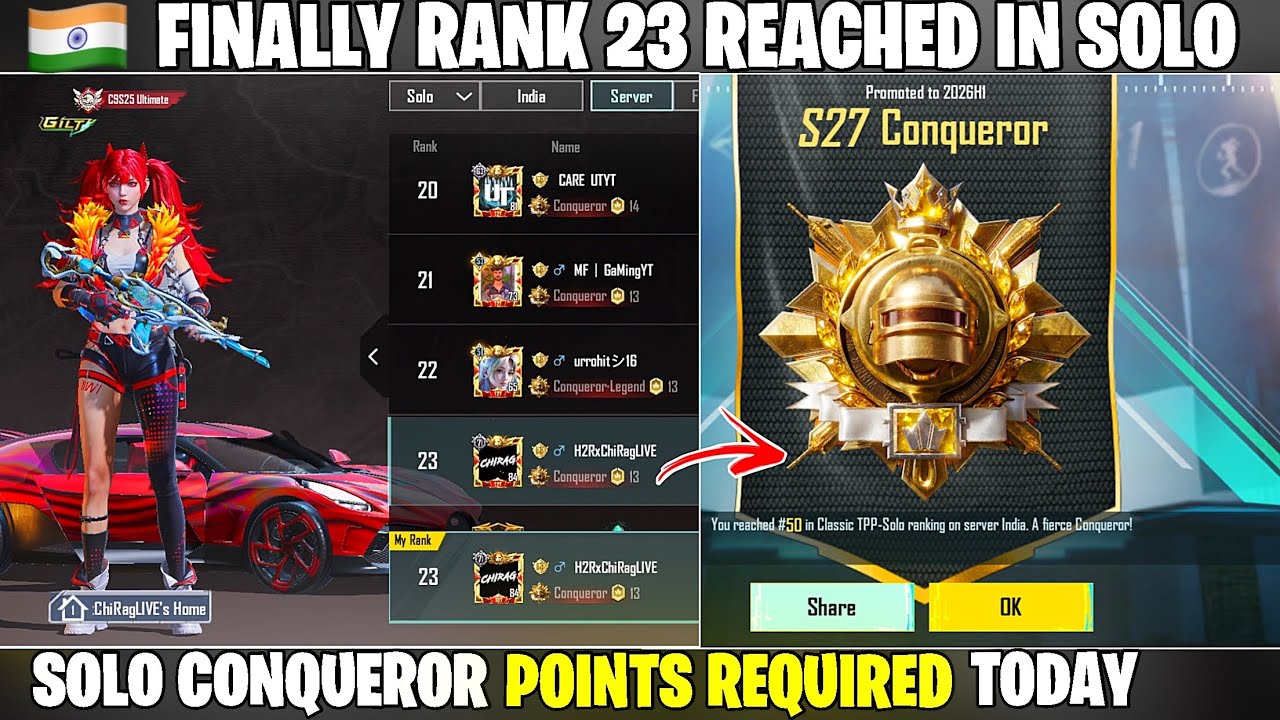 Reached Top 30 India Ranking 18 Solo Finishes | Solo Conqueror Rank Push Tips ✅