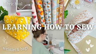 Learning to Sew 🧵🪡 quilted makeup bags, wristlet, fabric haul, & sewing supplies | studio vlog