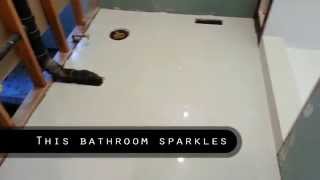 Whatch us work! This bathroom actually sparkles in the light. - 18x18 Quartz floor tile, - 12x24 High Gloss White wall and ceiling ...