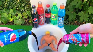 Experiment !! Stretch Armstrong VS Cola, Fanta, Mtn Dew, Monster and Mentos in Toilet