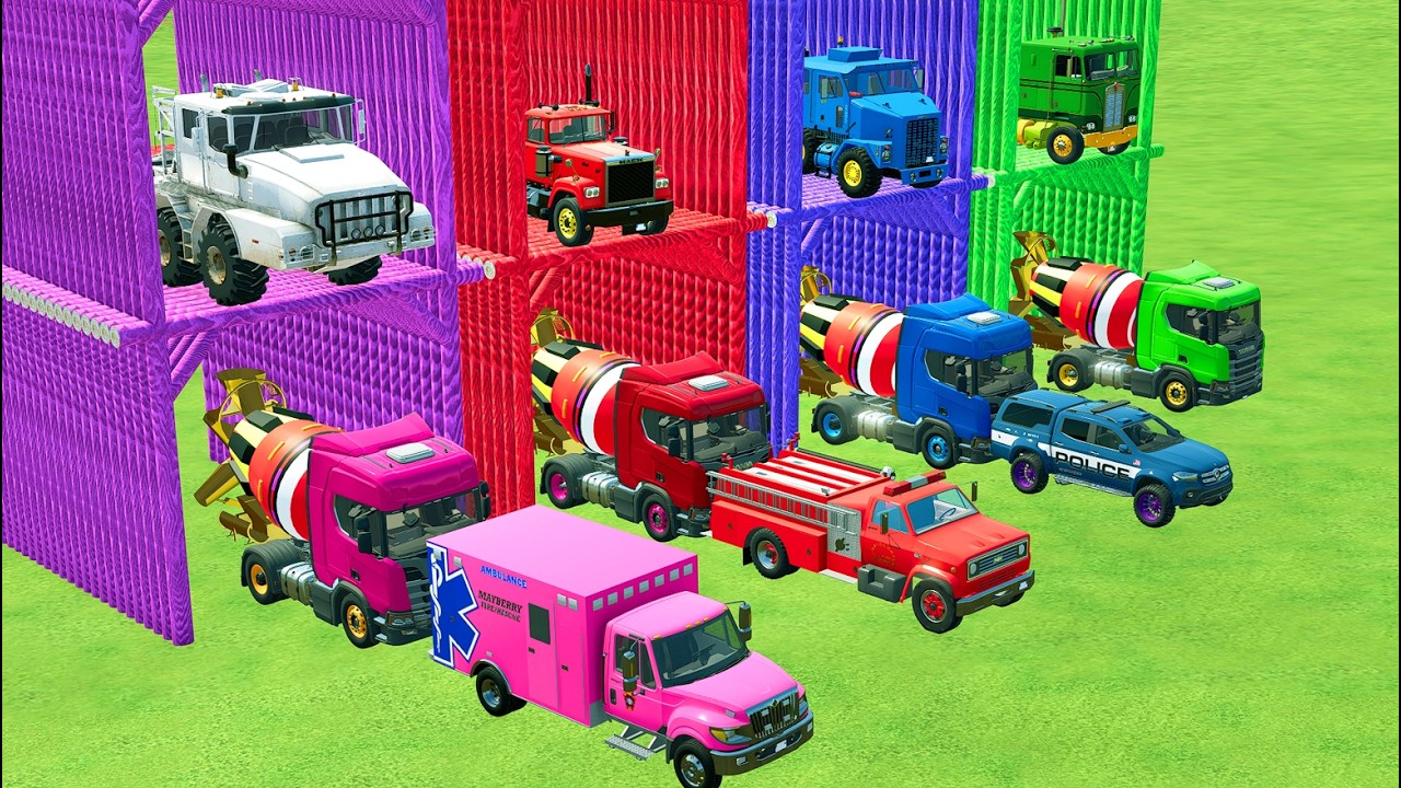 TRANSPORTING POLICE CARS, AMBULANCE, FIRE TRUCK, COLORFUL CARS WITH TRAIN -FARMING SIMULATOR 22!