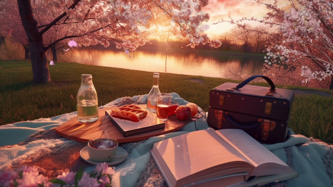 Cherry Blossom Spring Picnic by the River Ambience | Bird, Frogs, Reading ASMR Sounds for Relaxation