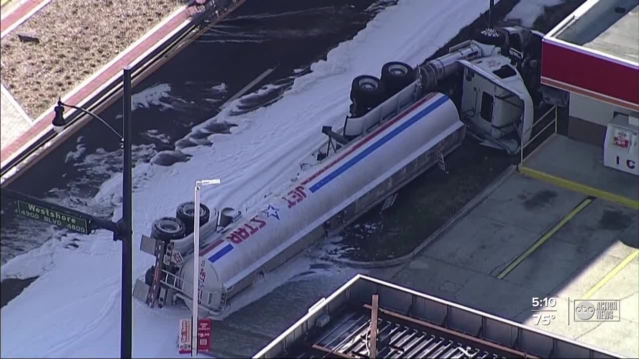 Overturned fuel tanker, leak closes eastbound Gandy Bridge - YouTube