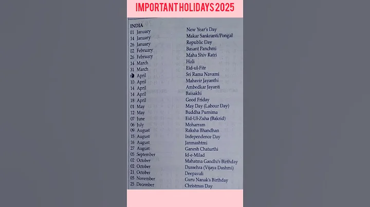 IMPORTANT HOLIDAYS IN INDIA FROM JANUARY TO DECEMBER 2025 WITH DATE #shortsviral @Nissarwritings