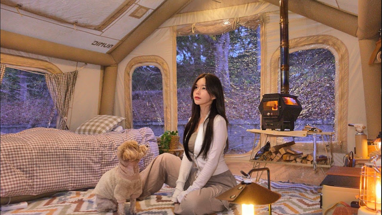 развести мини-камин в воздушной палатке | сэндвич со стейком и пиво | С моей собакой