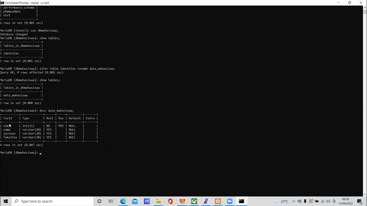 Mengubah Struktur tabel MySQL dengan Query di CMD - YouTube