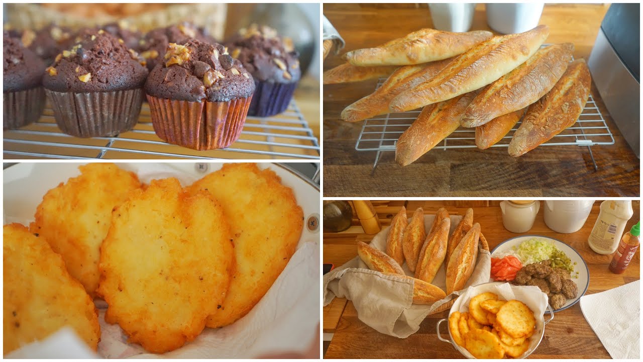 وجبة غداء/ عشاء و كوتي :خبز باغيط روعة هاش براون البطاطا مقرمش مافن شوكلاطة و سندويشات كفتة يا سلام