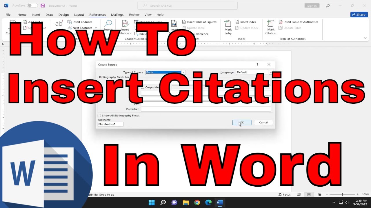 How To Insert Citations In Microsoft Word Tutorial Youtube