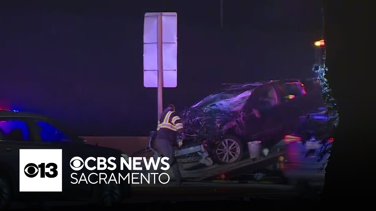 Vehicle crashes off Sacramento overpass onto Highway 99 - YouTube