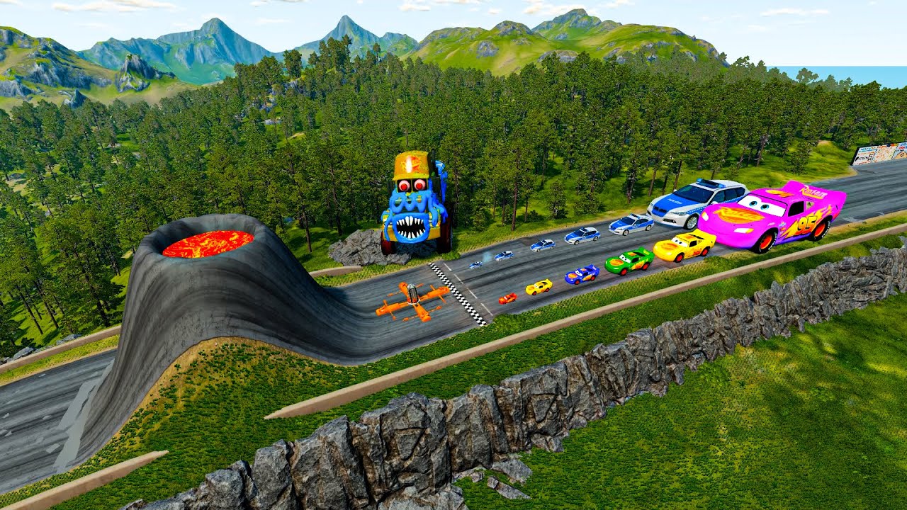 Big & Small McQueen & Police Car vs Zombie Mack, Giant Pit & Speed Bump Downhill Race – BeamNG.drive