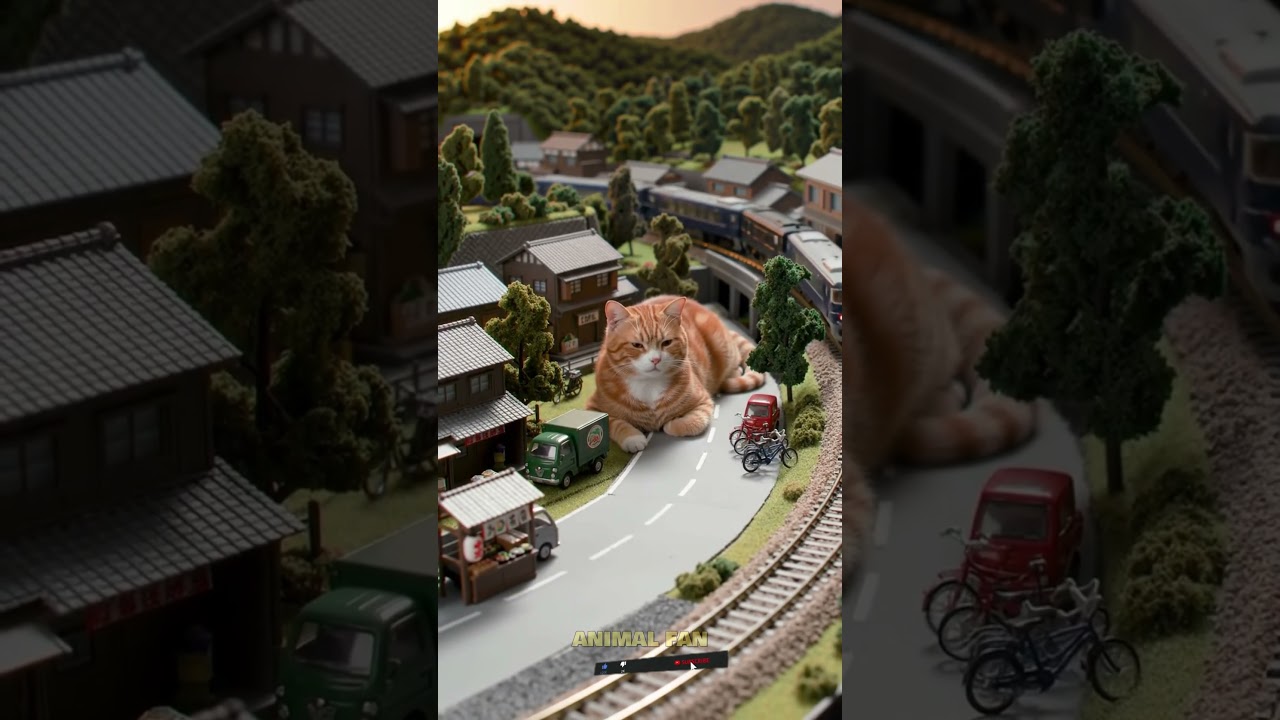 Giant Cat Relaxing in Tiny Japanese Miniature Village 🐱🚂 | Cinematic Diorama