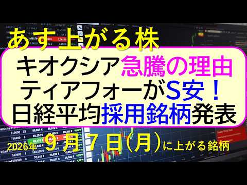 キオクシアが急騰、その原因。日経平均銘柄が新しく発表！ティアフォーがストップ安。～あす上がる株　2026年９月７日（月）に上がる銘柄。最新の日本株情報。高配当株の株価やデイトレ情報