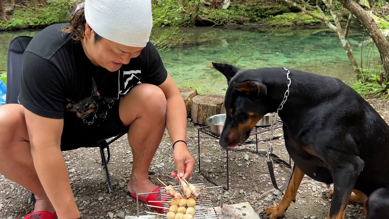 貸切状態のキャンプ場でBBQを楽しむドーベルマンとパパ