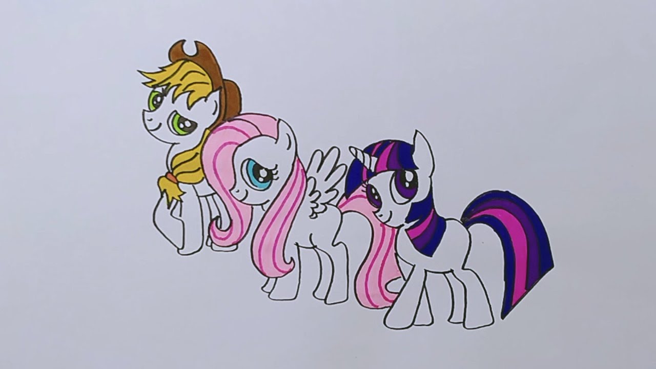 Twilight Sparkle, Fluttershy And Applejack Drawing, Let's Learn To Draw And Coloring My Little Pony