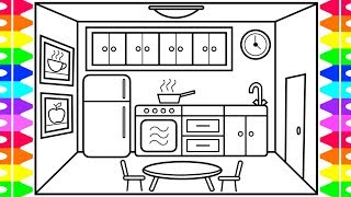 How to Draw a Kitchen Easy for Kids 💜💚💛🍽 Kitchen Drawing and Coloring Pages for Kids