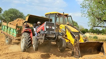Jcb 3dx Xpert Backhoe loading Field Mud | Massey 241 Eicher 380 Massey 1035 Tractor with Trolly