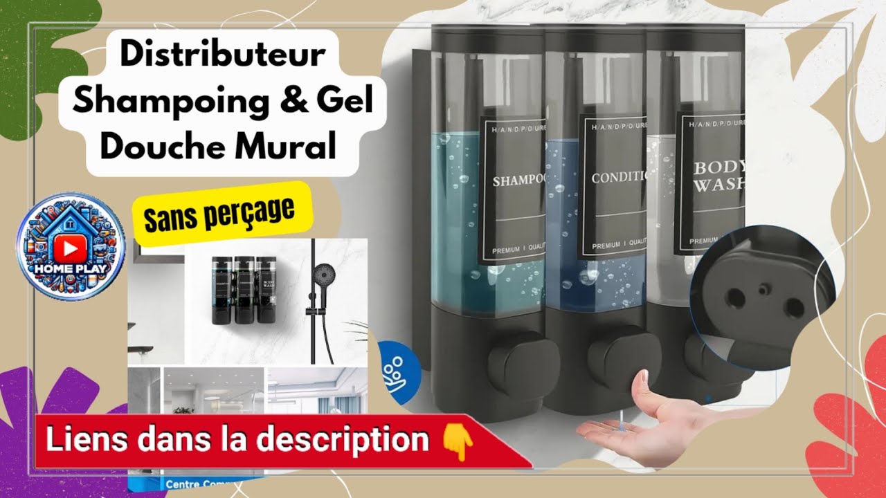 Distributeur Shampooing Mural HCYWOC - 3 Bouteilles, Étiquettes Étanches, Sans Perçage, 500 Ml