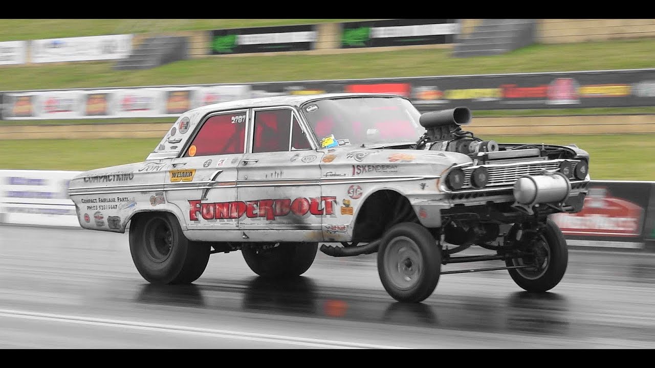 FUNDERBOLT BLOWN V8 FAIRLANE GASSER 8.76 @ 153 MPH AT THE AEROFLOW WORLD FUEL ALTERED CHALLENGE