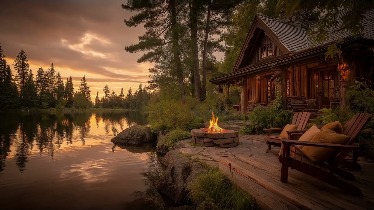 Cozy Lakeside Cabin  Sunset 🔥 Campfire, Bird Sounds & Calm Lake Water Ambience (4K)