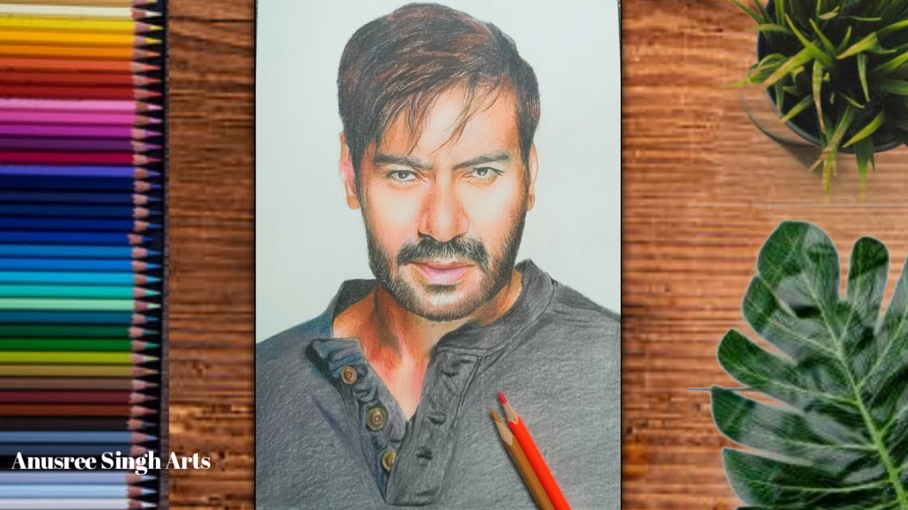 Drawing: Ajay Devgan. How to draw portraits. Colour pencil portrait drawing. Anusree Singh Arts.
