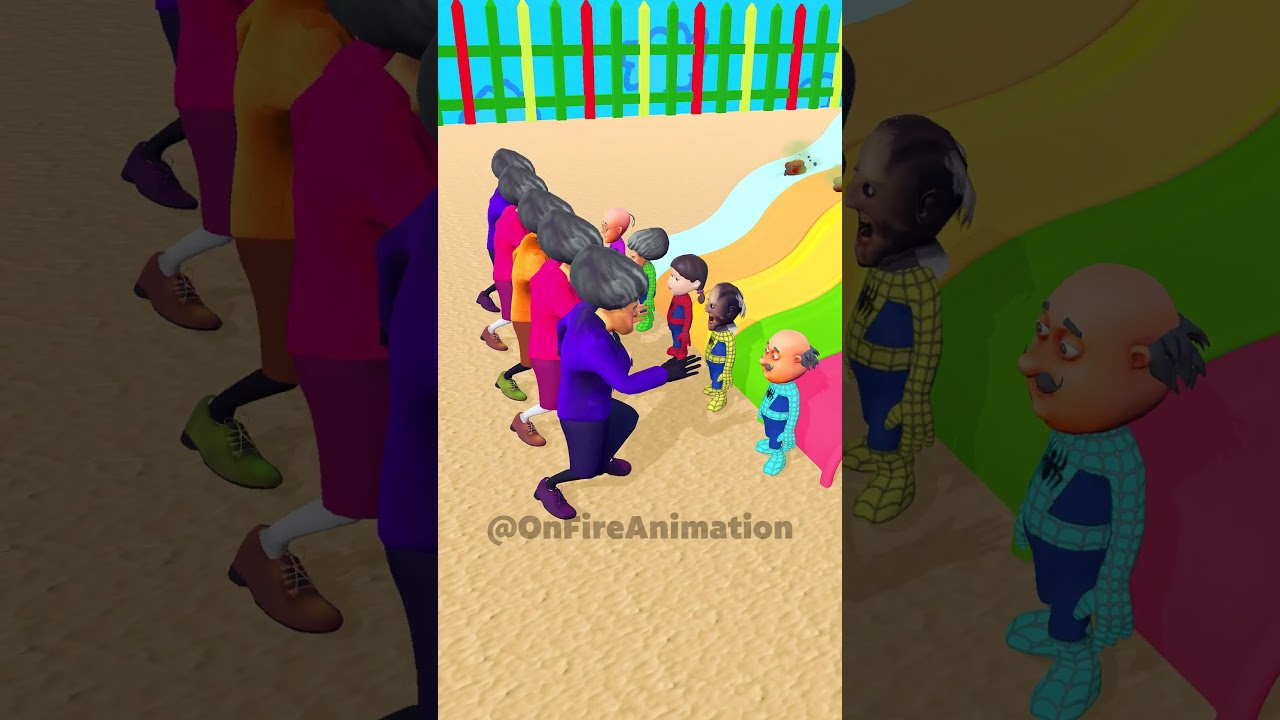 All Family Scary Teacher & Motu Patlu & Squid Doll plays slide! 😅 -  Who will be the first? 