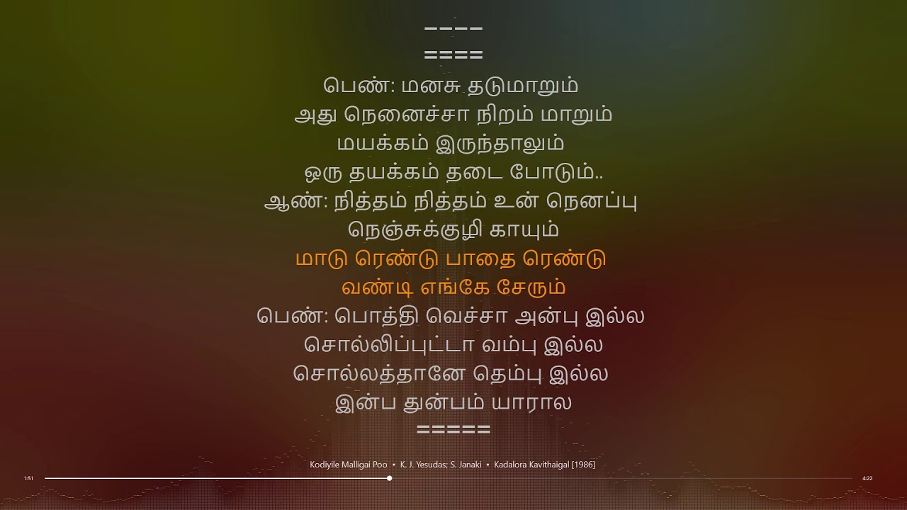 Kodiyile Malligai Poo  Kadalora Kavithaigal  Ilaiyaraaja  synchronized Tamil lyrics song