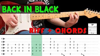 BACK IN BLACK - Guitar lesson - Intro riff + chorus chords (with tabs) - ACDC