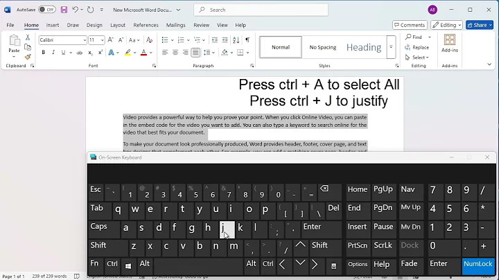 Shortcut key to justify text in word